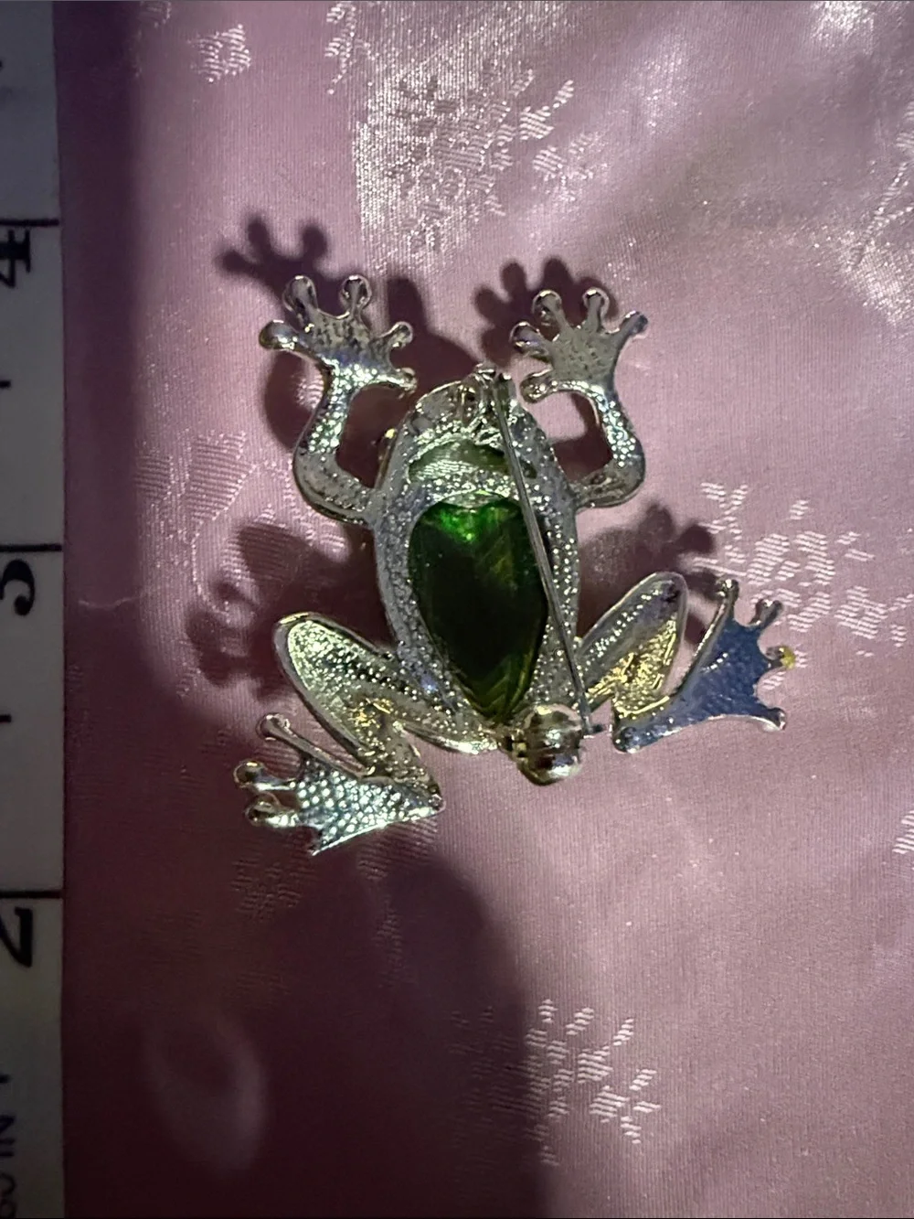 Green and silver tone, frog brooch